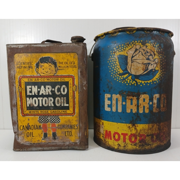 LOT OF 2 - EN-AR-CO / WHITE ROSE MOTOR OIL CANS - 5 GAL