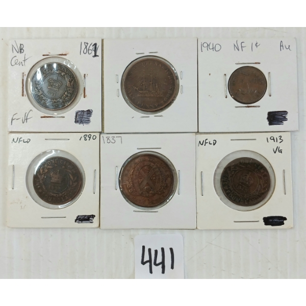 LOT OF 6 - 1837-1940 BANK OF LOWER CANADA, NEWFOUNDLAND & NEW BRUNSWICK HALF & FULL PENNY TOKENS