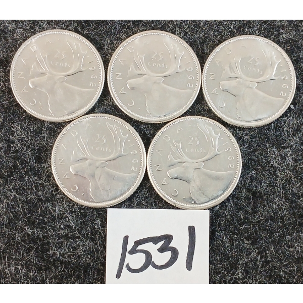 LOT OF 5 - 1962 CDN 25 CENT SILVER COINS