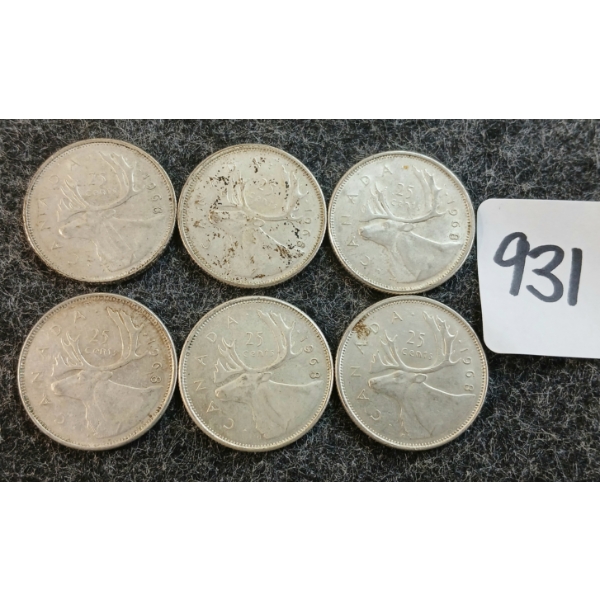 LOT OF 6 - 1968 CDN 25 CENT COINS
