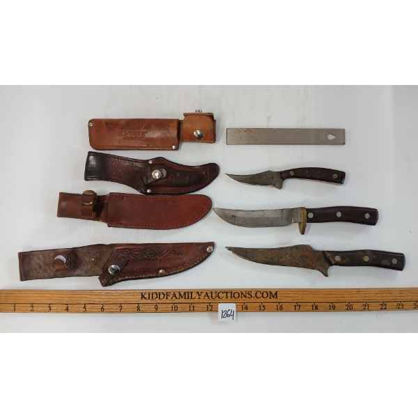 LOT OF 4 - OLD TIMER KNIVES & SHARPENER W/ SHEATHS