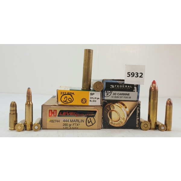 AMMO / BRASS: 77X MISC MIXED RNDS - INCL 7.62X25, .444 MARLIN, ETC - 8X BRASS