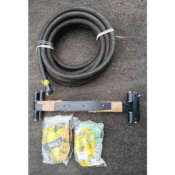 LOT OF 4 - FARM TANK HOSE 36FT, 24IN BARN DOOR HINGES, MILLER HARNESS