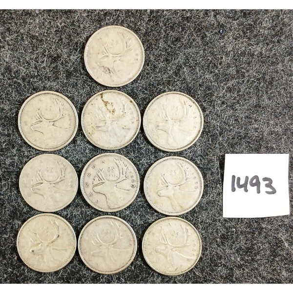 LOT OF 10 - 1940-1965 CDN 25 CENT SILVER COINS