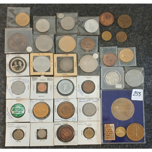 JOB LOT - MISC PINS, BUS TOKENS & TICKET, "MOON MONEY", ZODIAC COINS, ETC