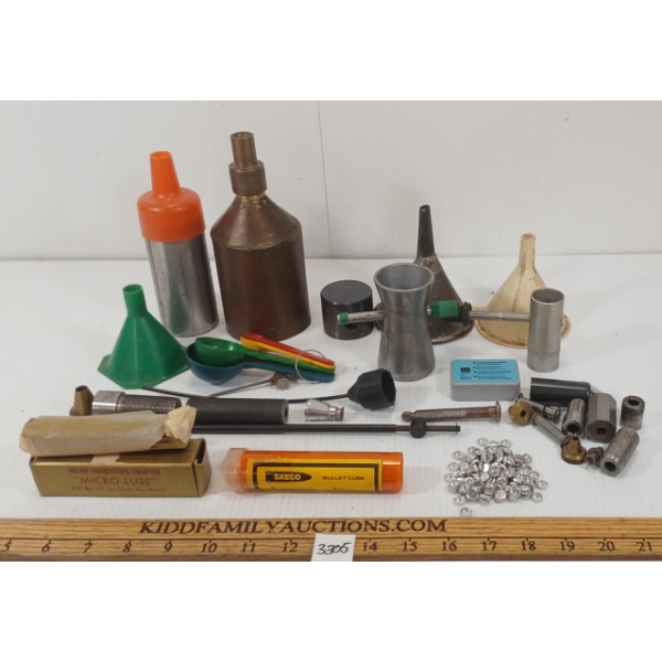 JOB LOT - RELOADING ACCESSORIES - FUNNELS, POWDER TRICKLER, MISC DIES, ETC