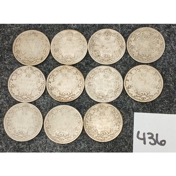 LOT OF 11 - 1919-1920 CDN SILVER 25 CENT PCS