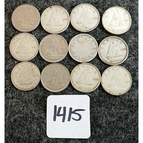 LOT OF 12 - 1904-1969 CDN 10 CENT COINS