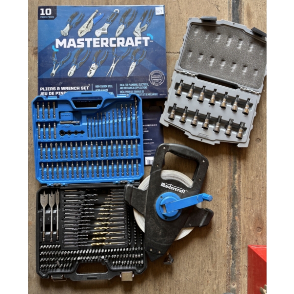 LOT OF 4 - MC 10 PCS WRENCH SET, BITS, PLYERS, MEASURING TAPE