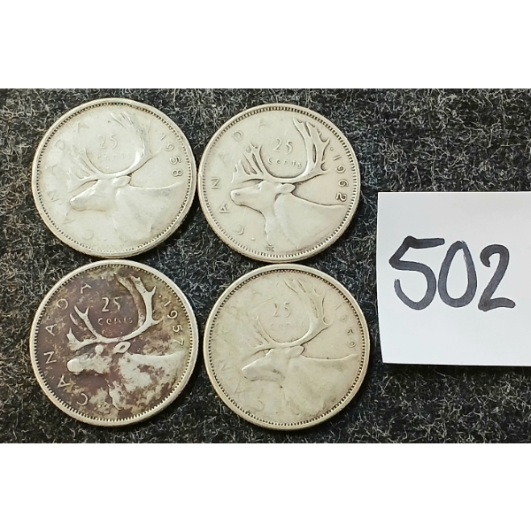 LOT OF 4 - 1957-1962 CDN 25 CENT SILVER COINS