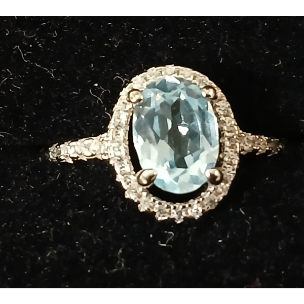 STERLING SILVER NATURAL SWISS BLUE TOPAZ HALO RING