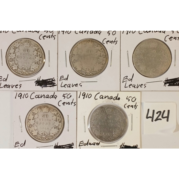 LOT OF 5 - 1910 CDN 50 CENT SILVER COINS