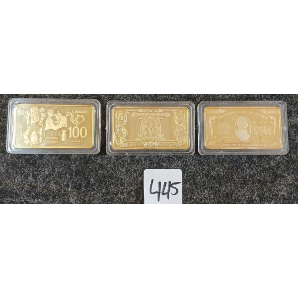 LOT OF 3 - CDN $100 BANKNOTE & U.S. $5 & $5000 COMMEMORATIVE 24K GOLD PLATED COPPER BARS