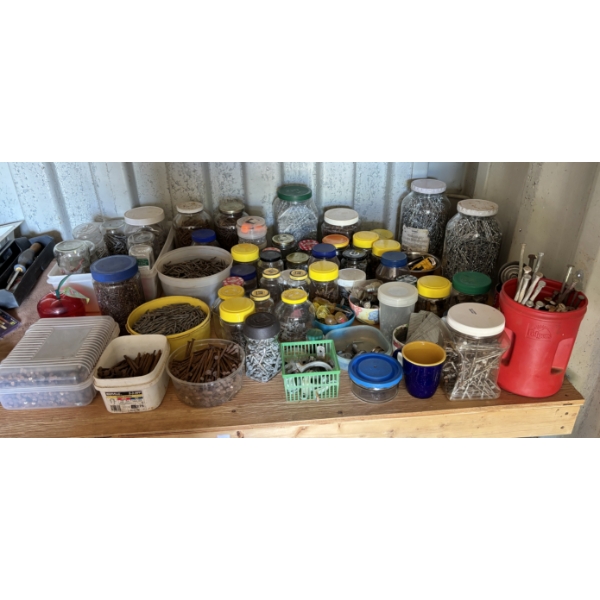 SHELF LOT - INCLUDES MIXED HARDWARE - NAILS & STEEPLES