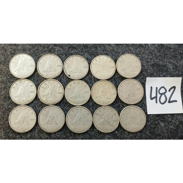 LOT OF 15 - 1958-1968 CDN 10 CENT COINS - INCL SILVER