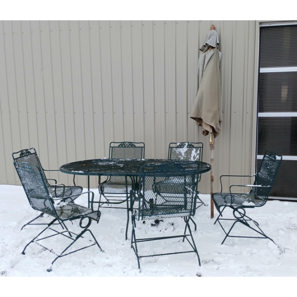 LOT OF 8 - WROUGHT IRON PATIO SET - TABLE, CHAIRS & UMBRELLA