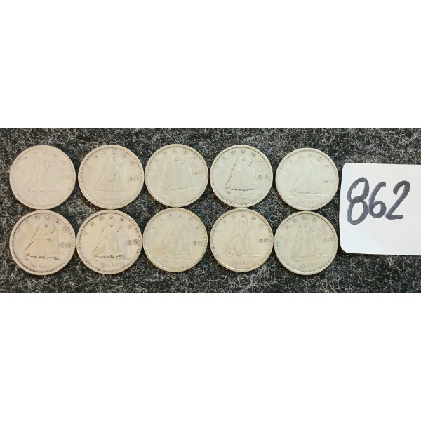 LOT OF 10 - 1942 CDN 10 CENT COINS