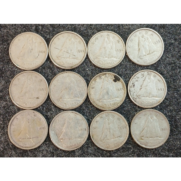 LOT OF 12 - 1941-1968 CDN 10 CENT COINS