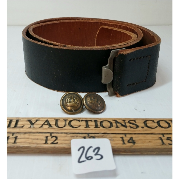 LOT OF 3 - WWI IMPERIAL GERMAN TUNIC BUTTONS & WWII GERMAN ARMY LEATHER BELT