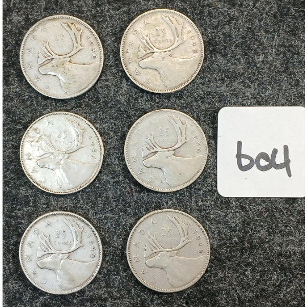 LOT OF 6 - 1946 CDN 25 CENT COINS