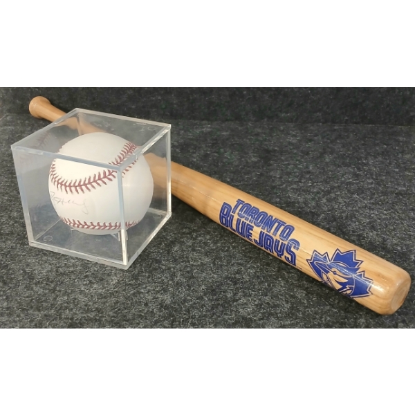 LOT OF 2 - RAWLINGS ROY HALLADAY AUTOGRAPHED BASEBALL & TORONTO BLUE JAYS MINI BASEBALL BAT