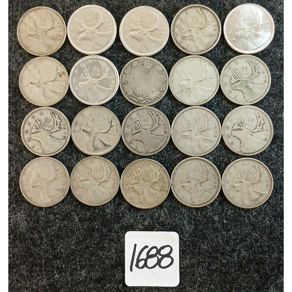 LOT OF 20 - 1939-1968 CDN 25 CENT COINS