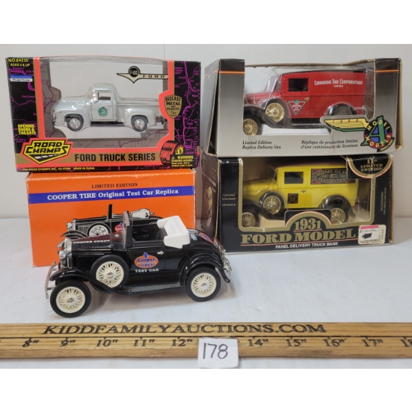 LOT OF 4 - MIXED DIECAST MODELS & COIN BANKS - CANADIAN TIRE, COOPER TIRES, 1931 FORD, ETC