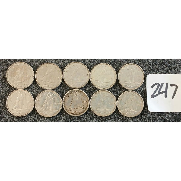 LOT OF 10 - 1968 CDN 10 CENT COINS
