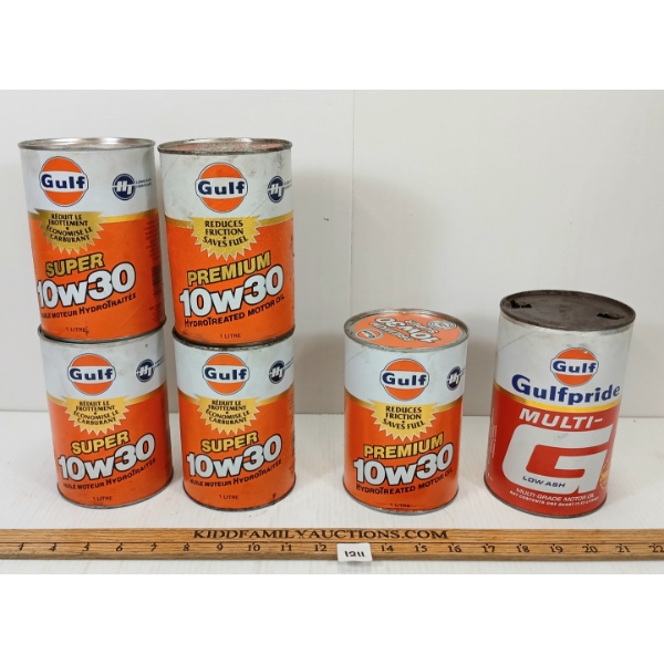LOT OF 6 - GULF MULTI-G & 10W30 QT OIL CANS