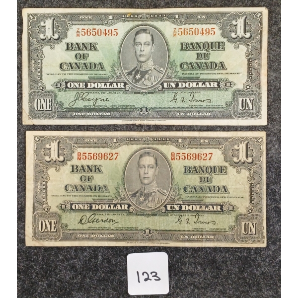 LOT OF 2 - 1937 CDN $1 BANKNOTES 