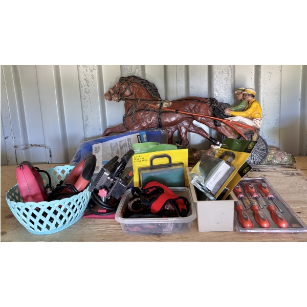 SHELF LOT - INCLUDES GARDEN ART, JD AIR FILTER, TARP 10 X 12 FT (NEW), SCREWDRIVERS