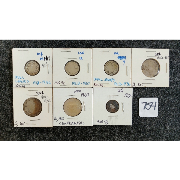 LOT OF 7 - 1902-1967 CDN 5 & 10 CENT COINS