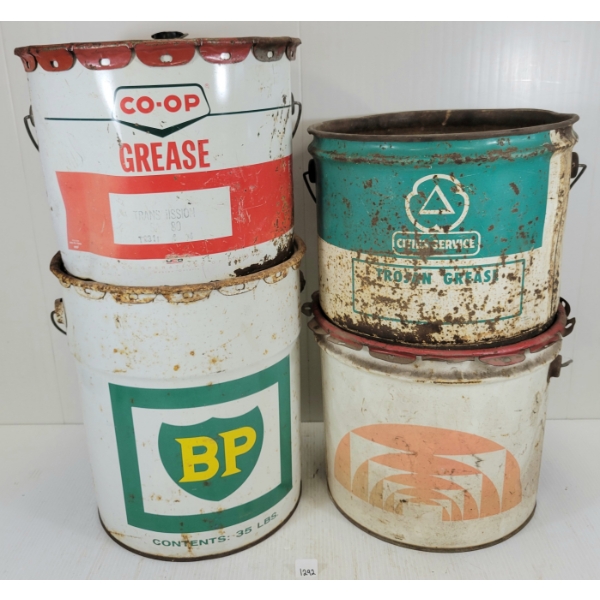 LOT OF 4 - BP ENERGOL, CITIES SERVICE TROJAN GREASE, CO-OP 25 & 35LBS GREASE PAILS 