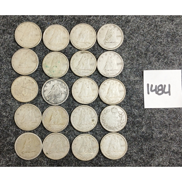 LOT OF 20 - 1912-1966 CDN 10 CENT SILVER COINS