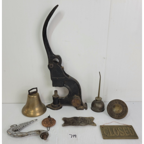 LOT OF 8 - BRASS & CAST COLLECTIBLES - INCL BELL, OILER, PRESS, HOOD ORNAMENT, ETC