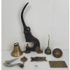 Image 1 : LOT OF 8 - BRASS & CAST COLLECTIBLES - INCL BELL, OILER, PRESS, HOOD ORNAMENT, ETC