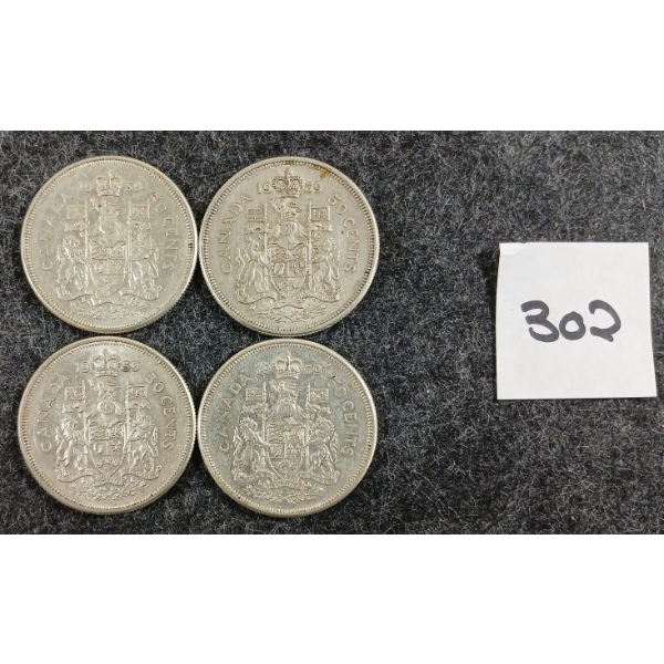 LOT OF 4 - 1959 CDN 50 CENT SILVER COINS