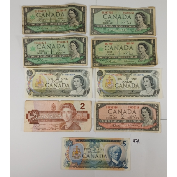 LOT OF 9 - CDN $1, $2 & $5 BANKNOTES - INCL 1954 & 1973, ETC.