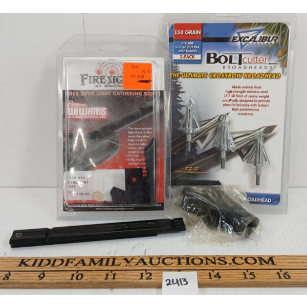 LOT OF 4 - FIRE SIGHT FIBRE OPTIC LIGHT GATHERING SIGHTS, EXCALIBUR 150GR BROADHEADS, ETC
