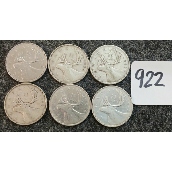 LOT OF 6 - 1944-1948 CDN 25 CENT COINS