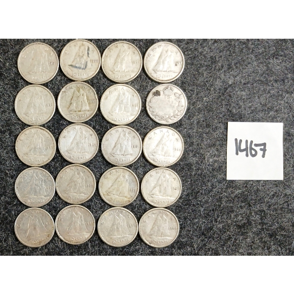 LOT OF 20 - 1952-1966 CDN 10 CENT SILVER COINS 