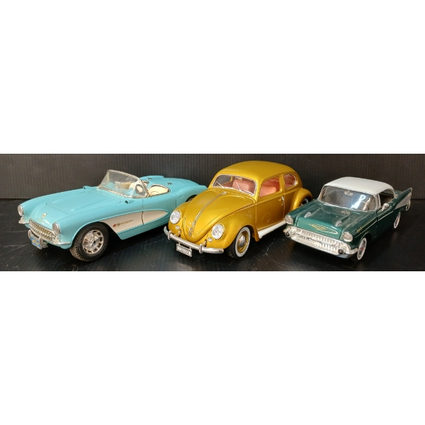 LOT OF 3 - BURAGO DIECAST 1955 BEETLE, 1957 CHEVROLET CORVETTE & 1957 CHEVY BEL AIR MODELS