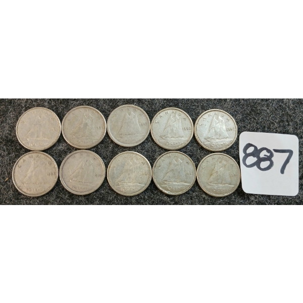 LOT OF 10 - 1942-1968 CDN 10 CENT COINS