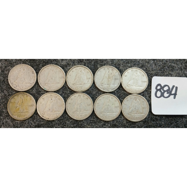 LOT OF 10 - 1947-1966 CDN 10 CENT COINS