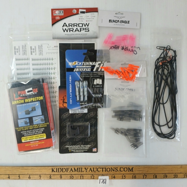LOT OF 12 - ARCHERY ACCESSORIES - ARROW INSPECTOR, SPEED TAPES, STRING, NOCKS, ETC