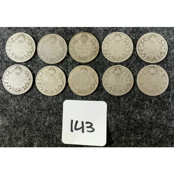 LOT OF 10 - 1909-1936 CDN 10 CENT COINS