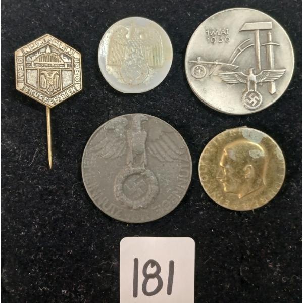LOT OF 5 - WWII GERMAN TINNIES & MEDALLIONS - INCL LABOUR DAY & NIJMEGEN BRUGEFESTEN