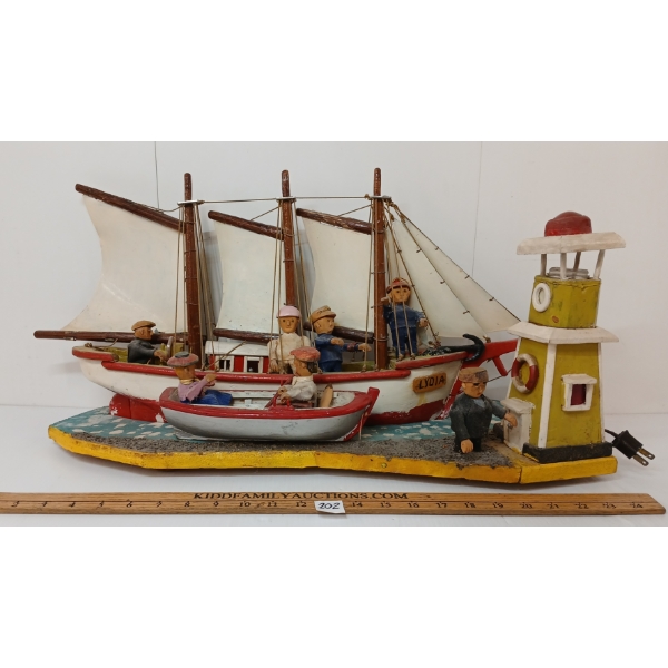 FOLK ART "LYDIA" BOAT & LIGHTHOUSE SCENE - W/ LIGHT