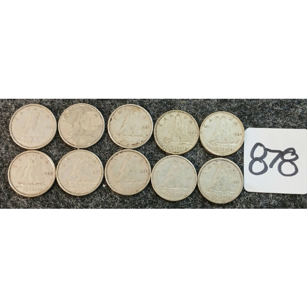 LOT OF 10 - 1957-1965 CDN 10 CENT COINS