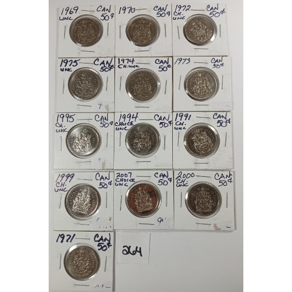 LOT OF 13 - CDN 50 CENT PCS - INCL 1969 & 1970